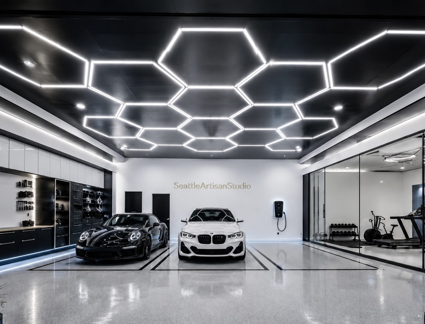 Garage renovation with glossy epoxy floor, custom cabinetry, and home gym by Seattle Artisan Studio in Seattle