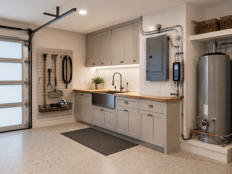 Garage utility sink, electrical panel, and water heater installation